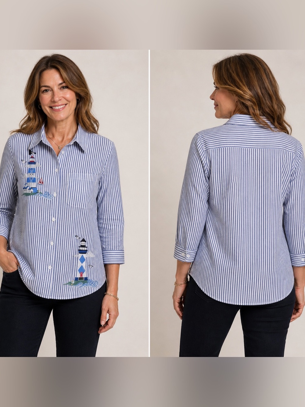 Blair Blue and White Striped Button-Down Shirt with Lighthouse Embroidery